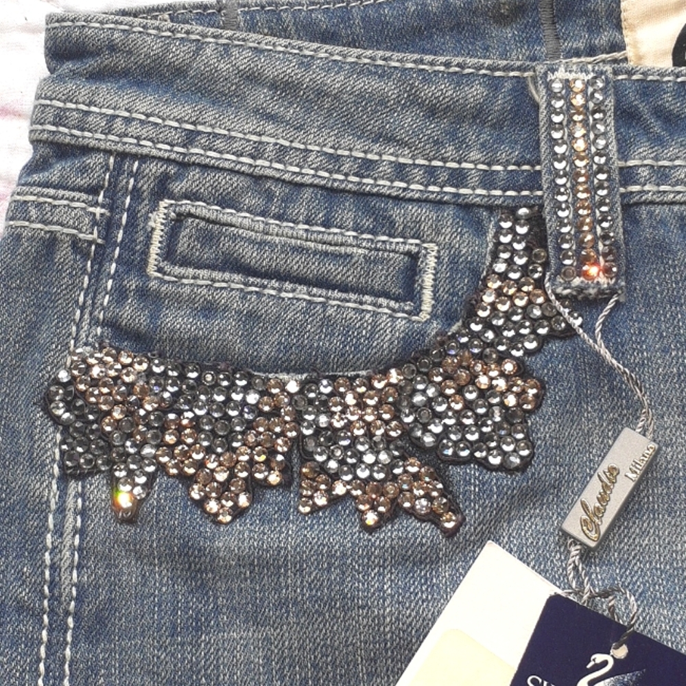 Swarovski Claudio Milano Crystal Denim Miniskirt Jean Miniskirt Size S - Picture 5 of 10